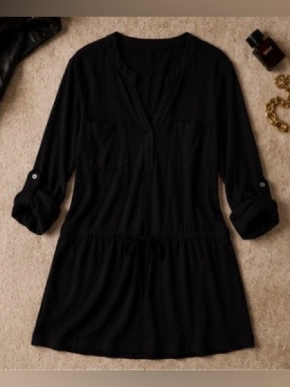 James Perse Cotton Modal Drawstring Shirt Dress Black Size 4 Casual Luxe NWOT - Picture 3 of 6